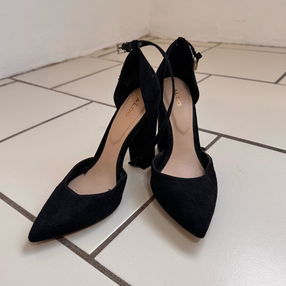 Aldo Black Suede Ankle Strap Heel size 6.5